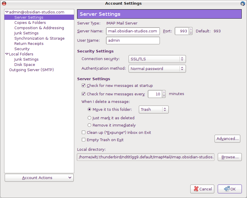 Thunderbird IMAP Server Settings Screenshot