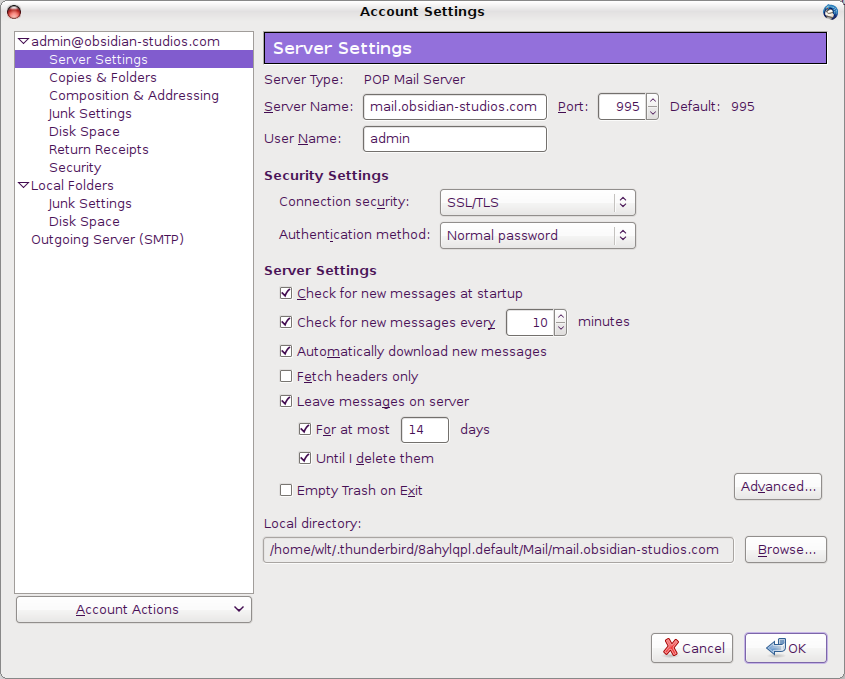 Thunderbird POP Server Settings Screenshot