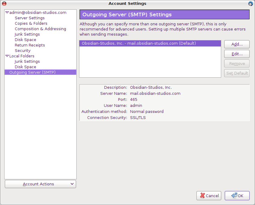 Thunderbird Outgoing Server SMTP Account Settings Screenshot