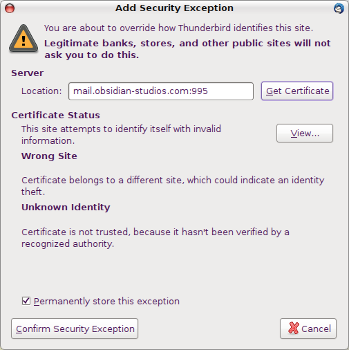 Thunderbird Add Security Exception Screenshot